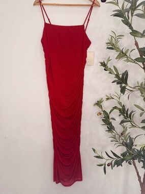 A New Day NWT Dark Red Ruched Mesh Midi Slip Dress Women’s M